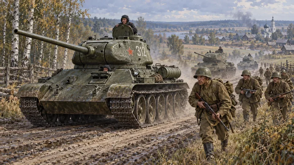 Illustration of Soviet T-34-85 tanks advancing with infantry during World War II.
