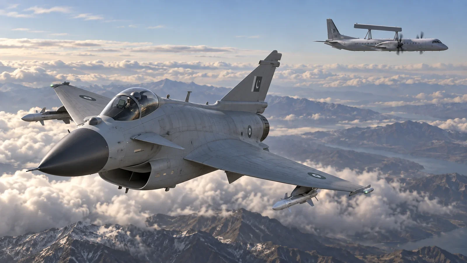 J-10CE fighter and Saab 2000 Erieye illustration