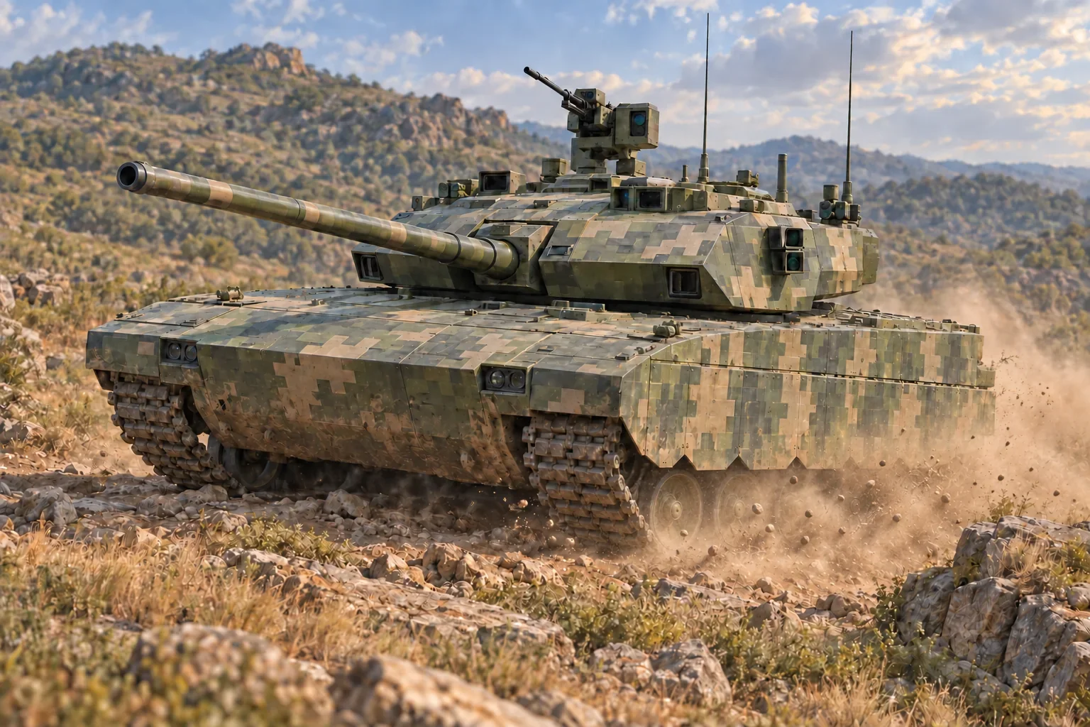Illustration of a Type 100 tank moving across rough terrain