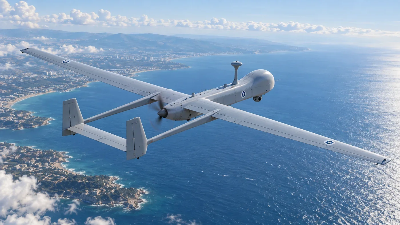 Israeli Heron TP unmanned aircraft in flight illustration