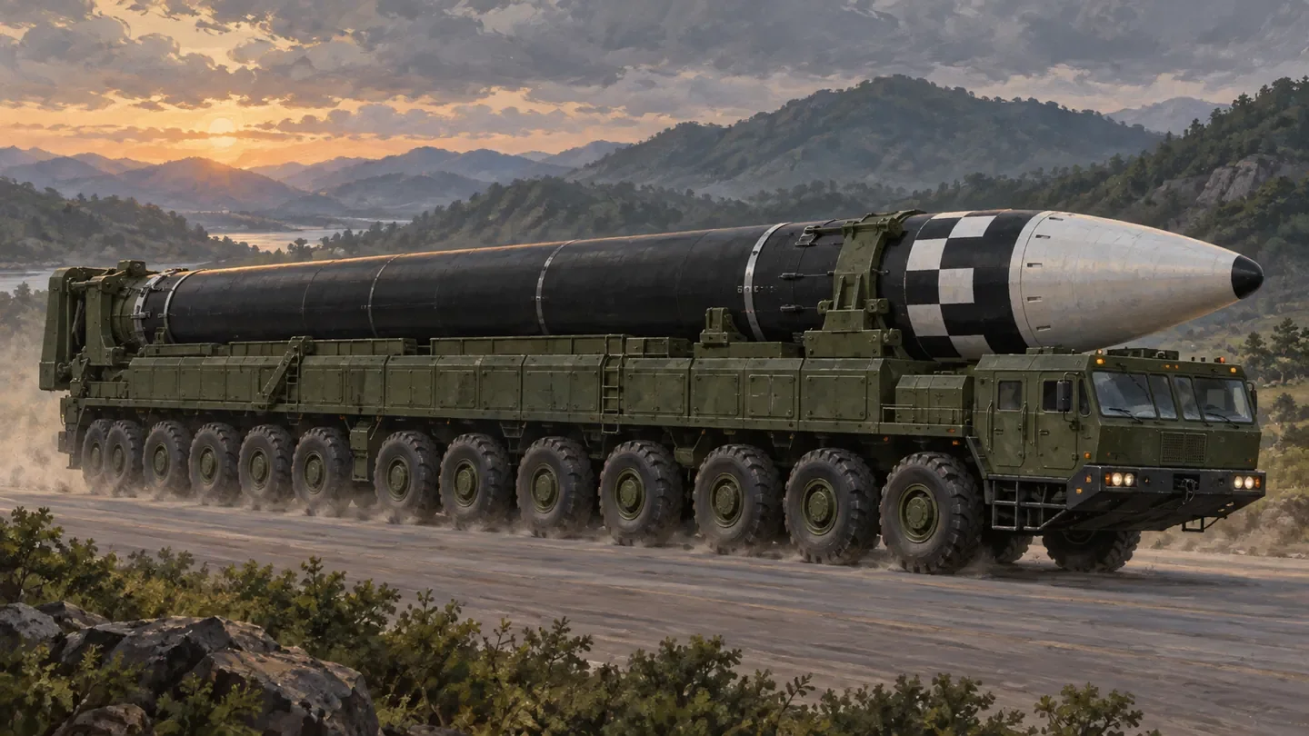 Illustration of a large missile on a road-mobile transporter in mountainous terrain.