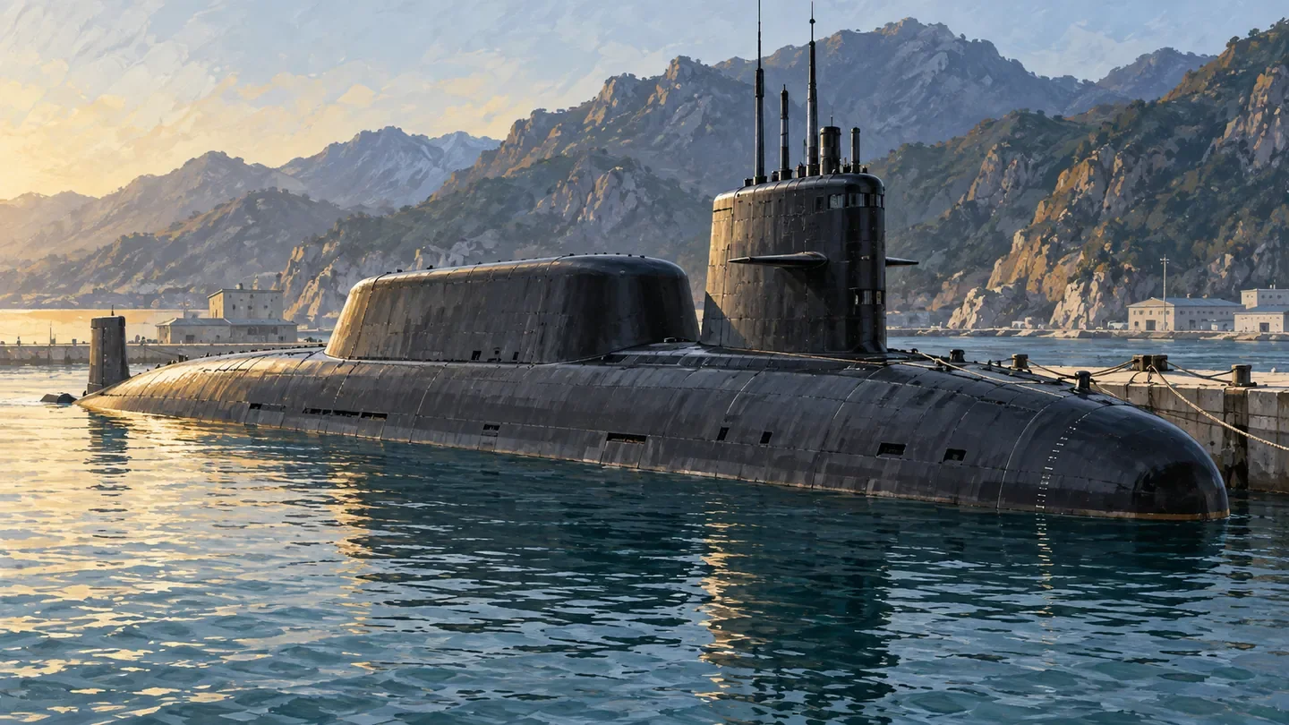 Illustration of a surfaced submarine moored in a mountainous coastal harbor.