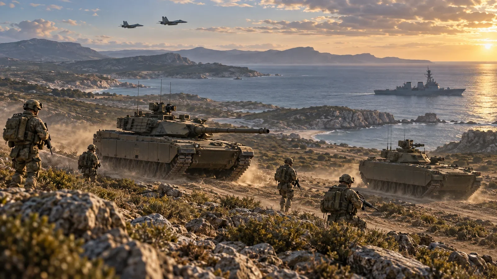 Illustration of coordinated land, air and naval military capabilities
