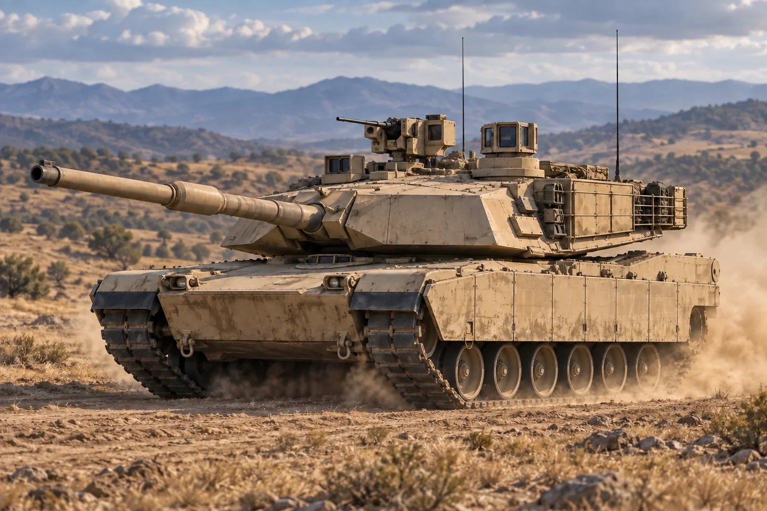 Illustration of an M1A2 SEPv3 Abrams moving across open terrain, showing its armored turret, main gun and tracks