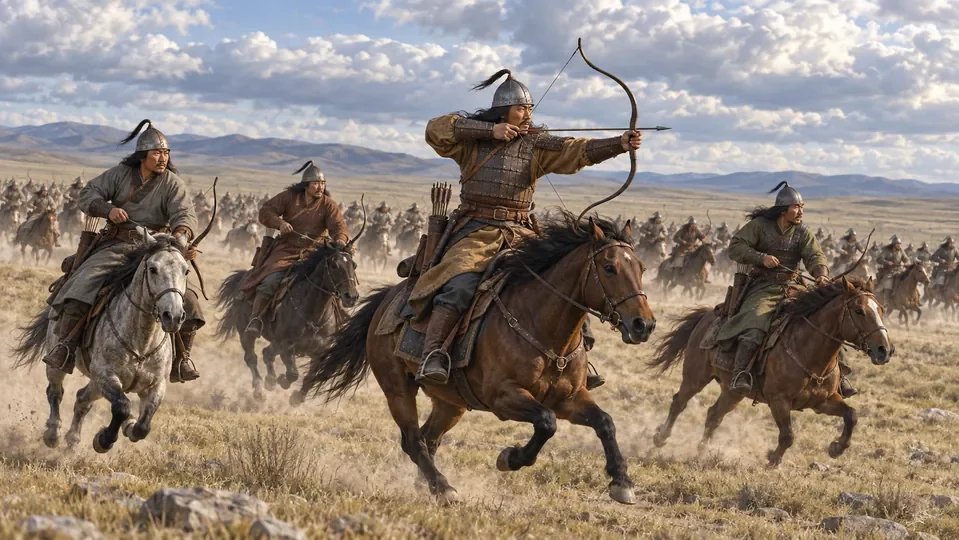 Illustration of Mongol mounted archers riding across open terrain.