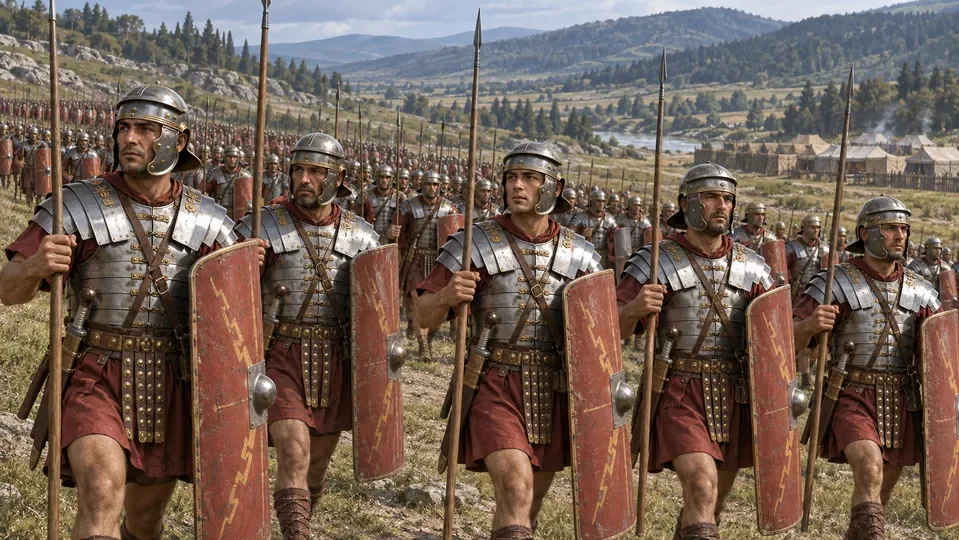 Illustration of Roman legionaries advancing with rectangular shields and spears.