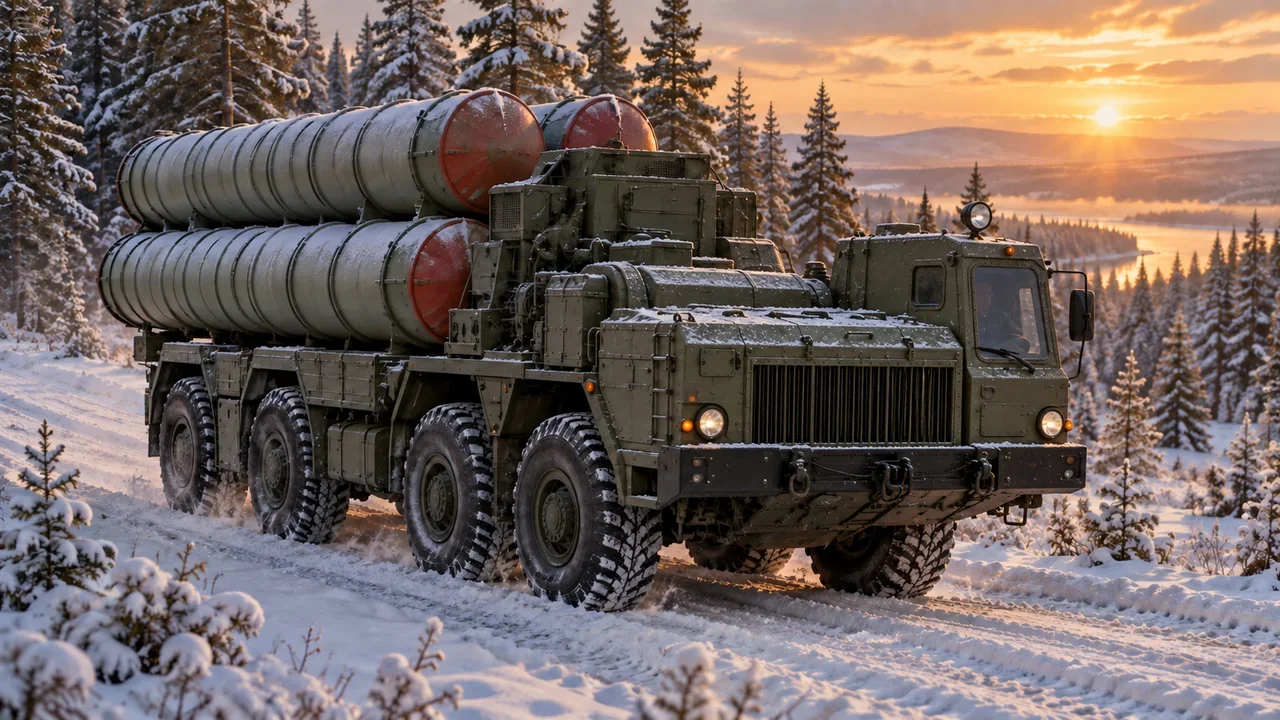 A Russian S-400 air-defense launcher carrying four horizontal missile canisters along a snowy forest track.