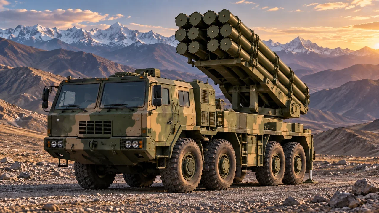 A Chinese PHL-03 multiple rocket launcher in an MPR conceptual mountain landscape.