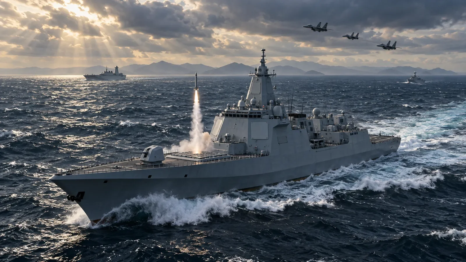 Illustration of modern warships and aircraft maneuvering in a hypothetical Taiwan Strait scenario