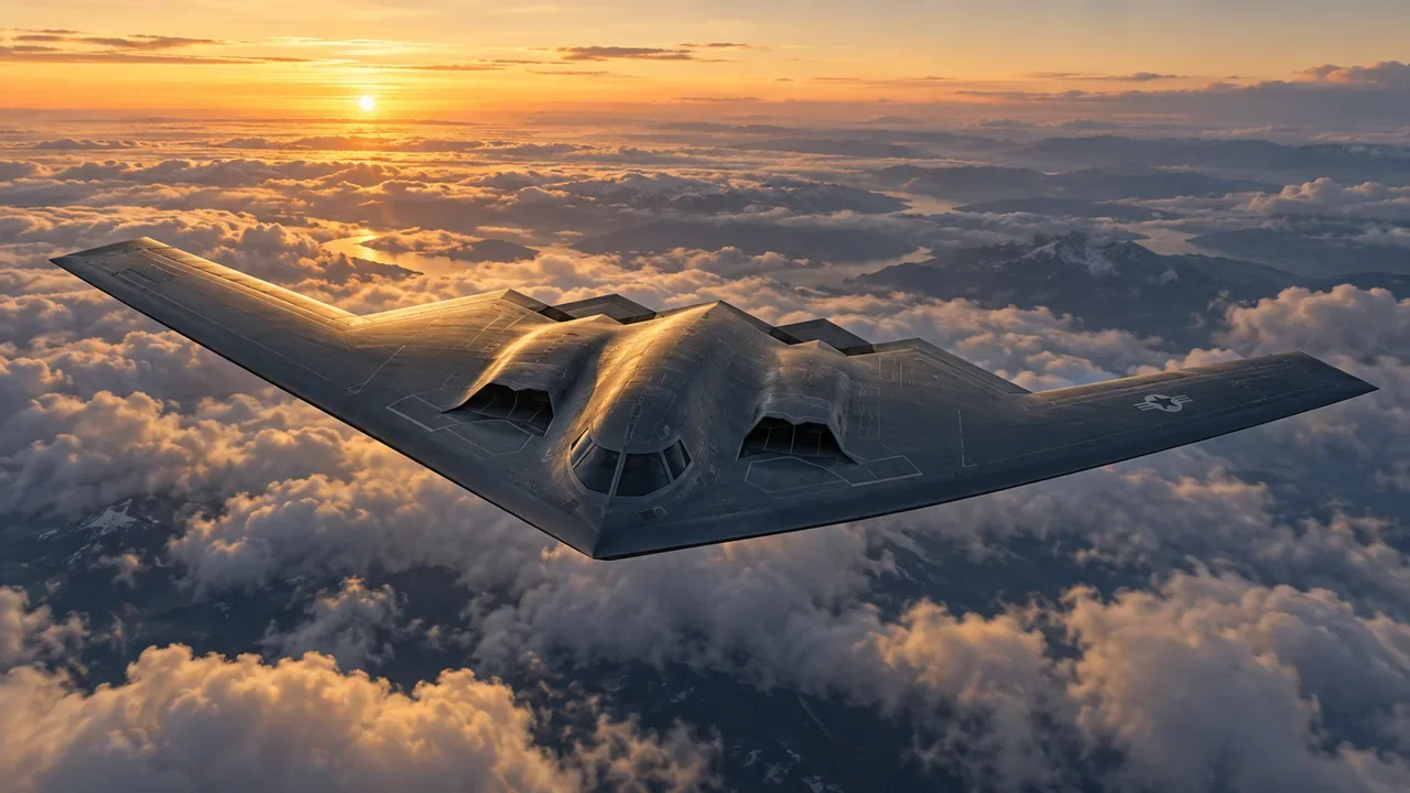 A United States B-2 Spirit bomber in flight, showing its tailless flying-wing shape.
