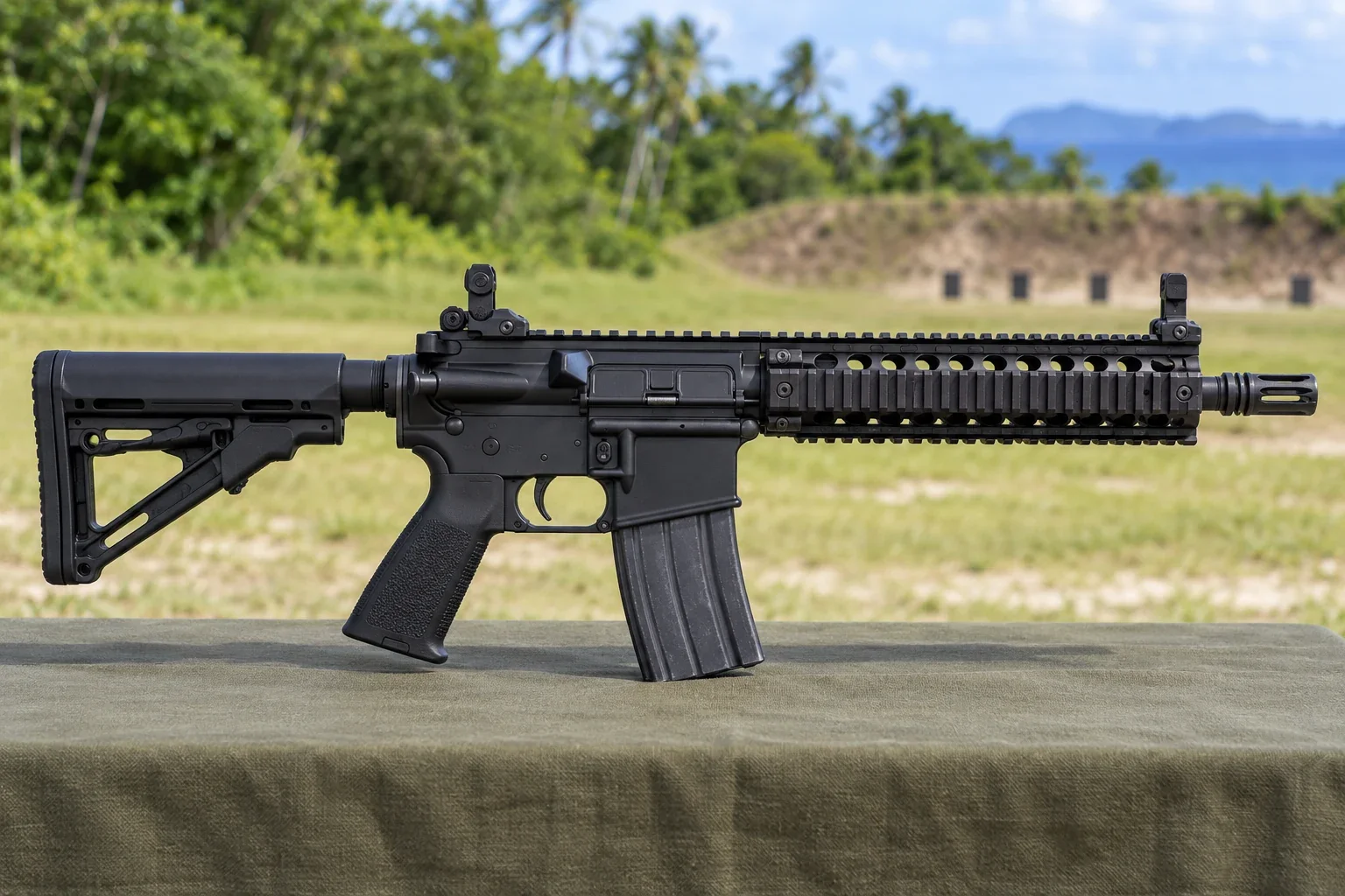Illustration of a black MK18 short-barreled rifle with a quadrail handguard, shoulder stock and curved magazine, resting on an olive bench.