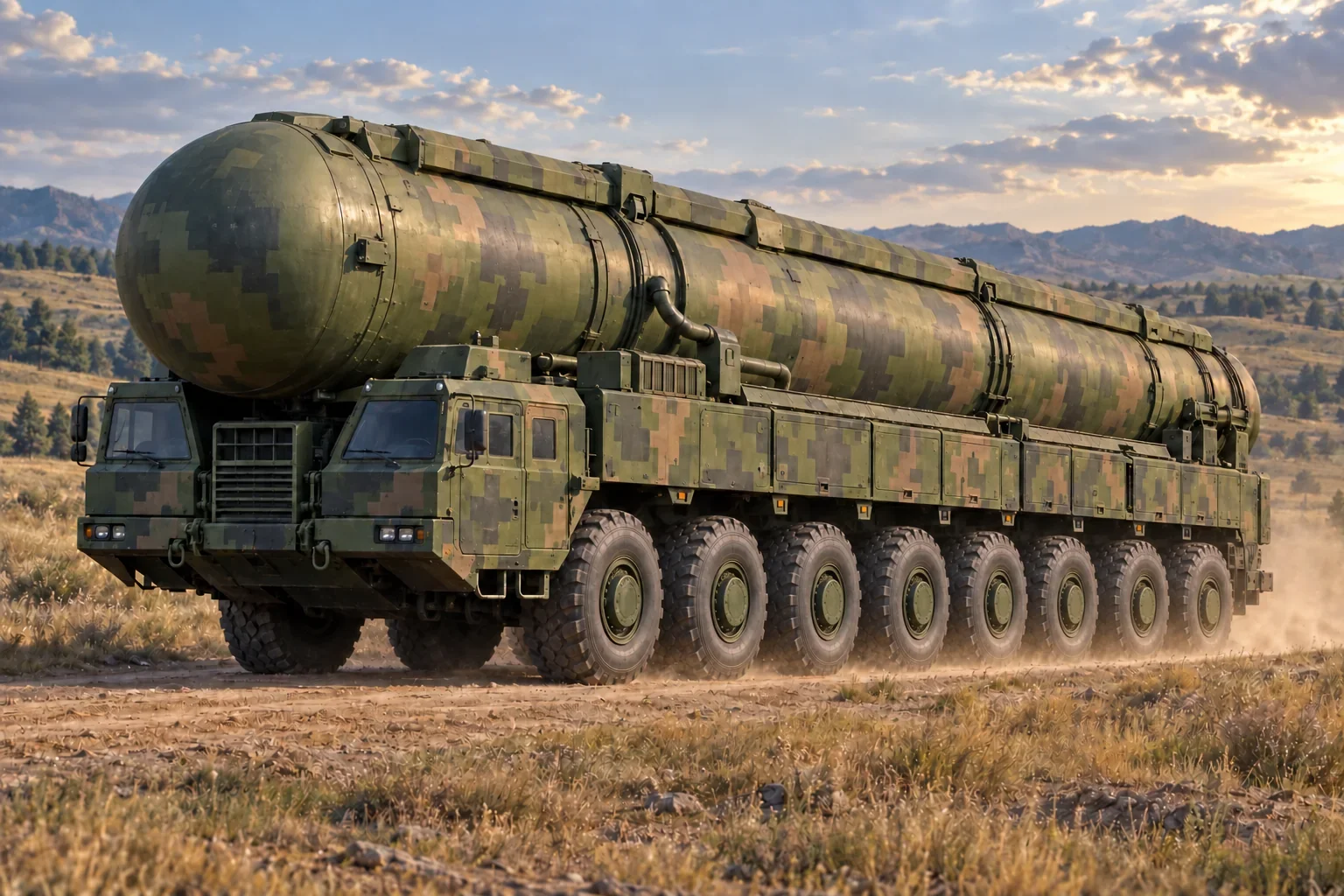 Illustration of a DF-61 strategic missile transporter-launcher moving through open terrain