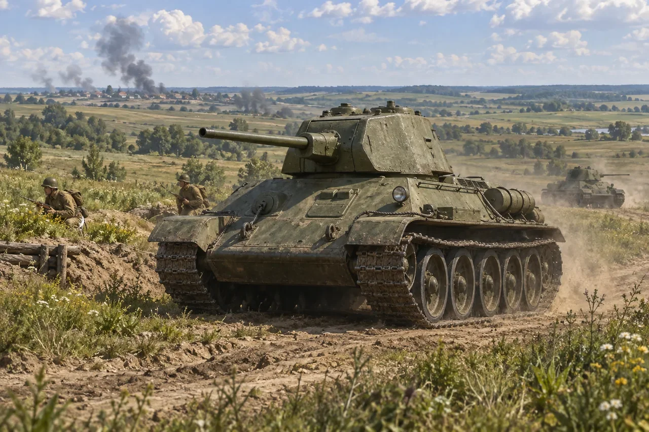 Illustration of a Soviet T-34/76 tank advancing across summer terrain at Kursk.
