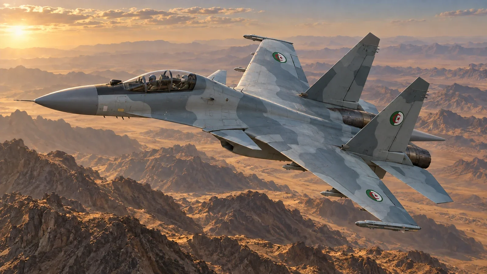 Original illustration of an Algerian Su-30MKA banking above Saharan mountain ridges.