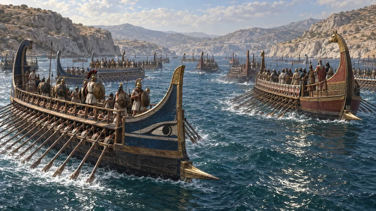 Interpretive illustration of Greek and Persian-fleet wooden oared warships in the waters near Salamis.