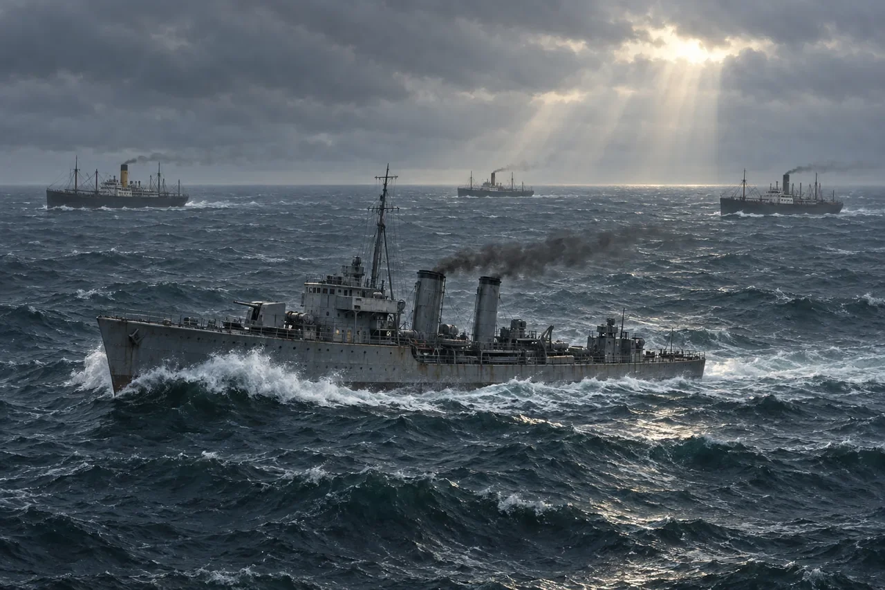 Illustration of a Royal Navy escort accompanying merchant ships across the Atlantic.