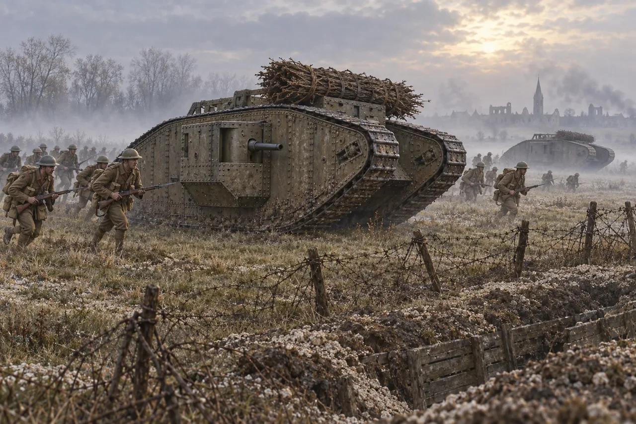 A British rhomboid tank carrying a bundle of brushwood advances with infantry.
