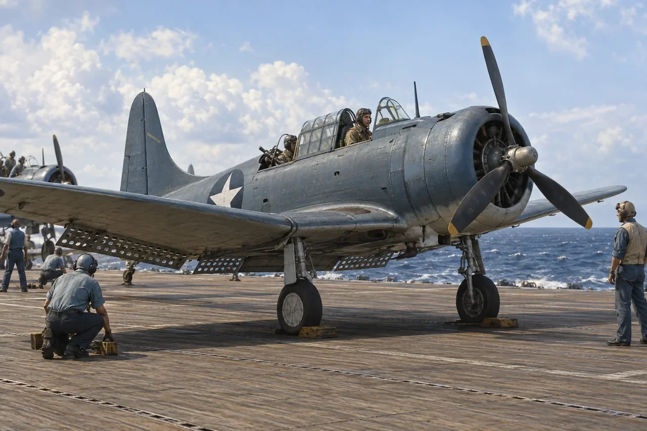 Illustration of a US Navy dive bomber on a carrier flight deck during the Battle of Midway.