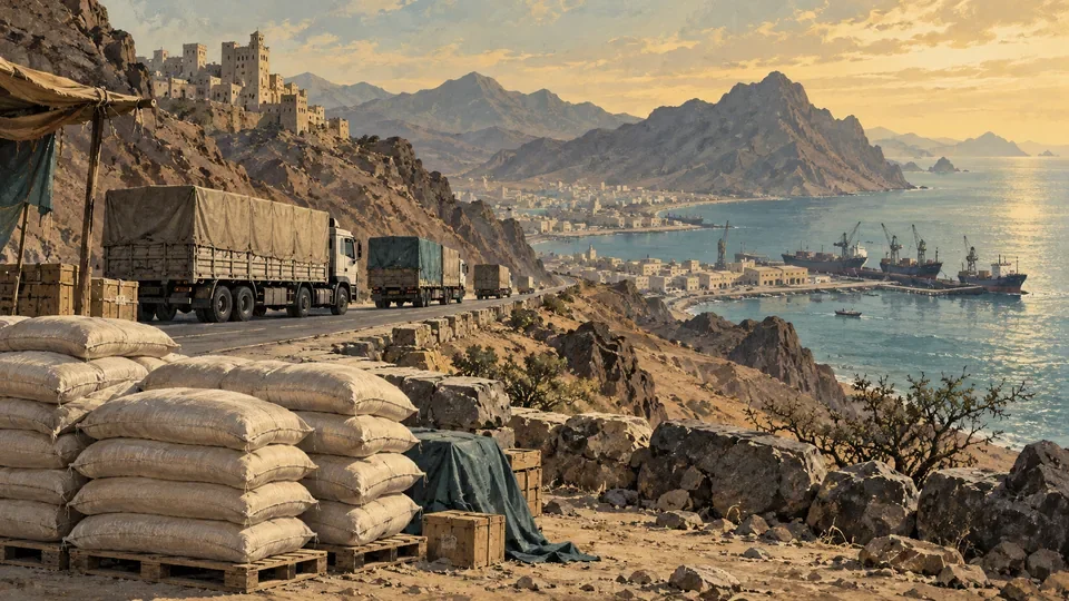 Illustrated food sacks and civilian freight trucks travelling through an arid coastal landscape.