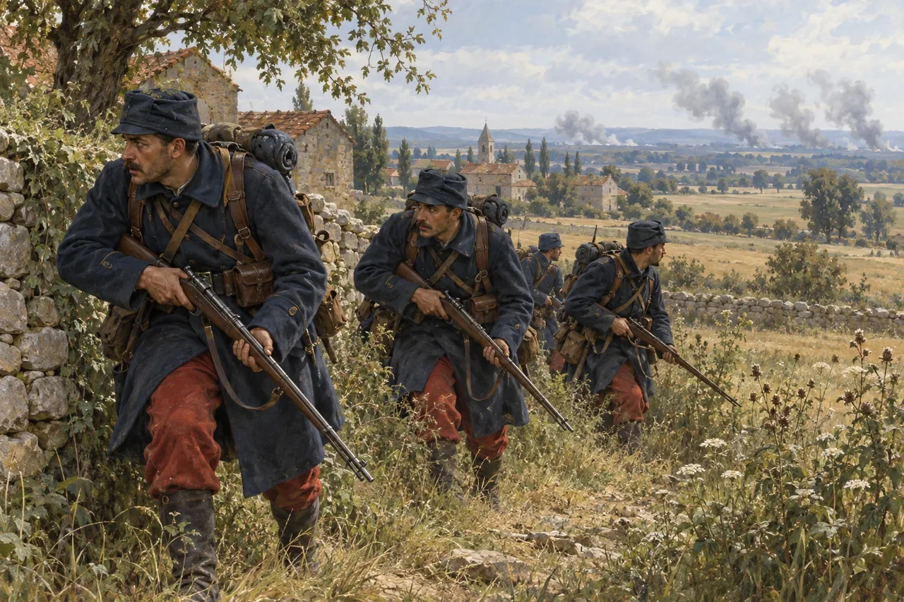French infantry in dark blue coats and red trousers take cover beside a wall in 1914.