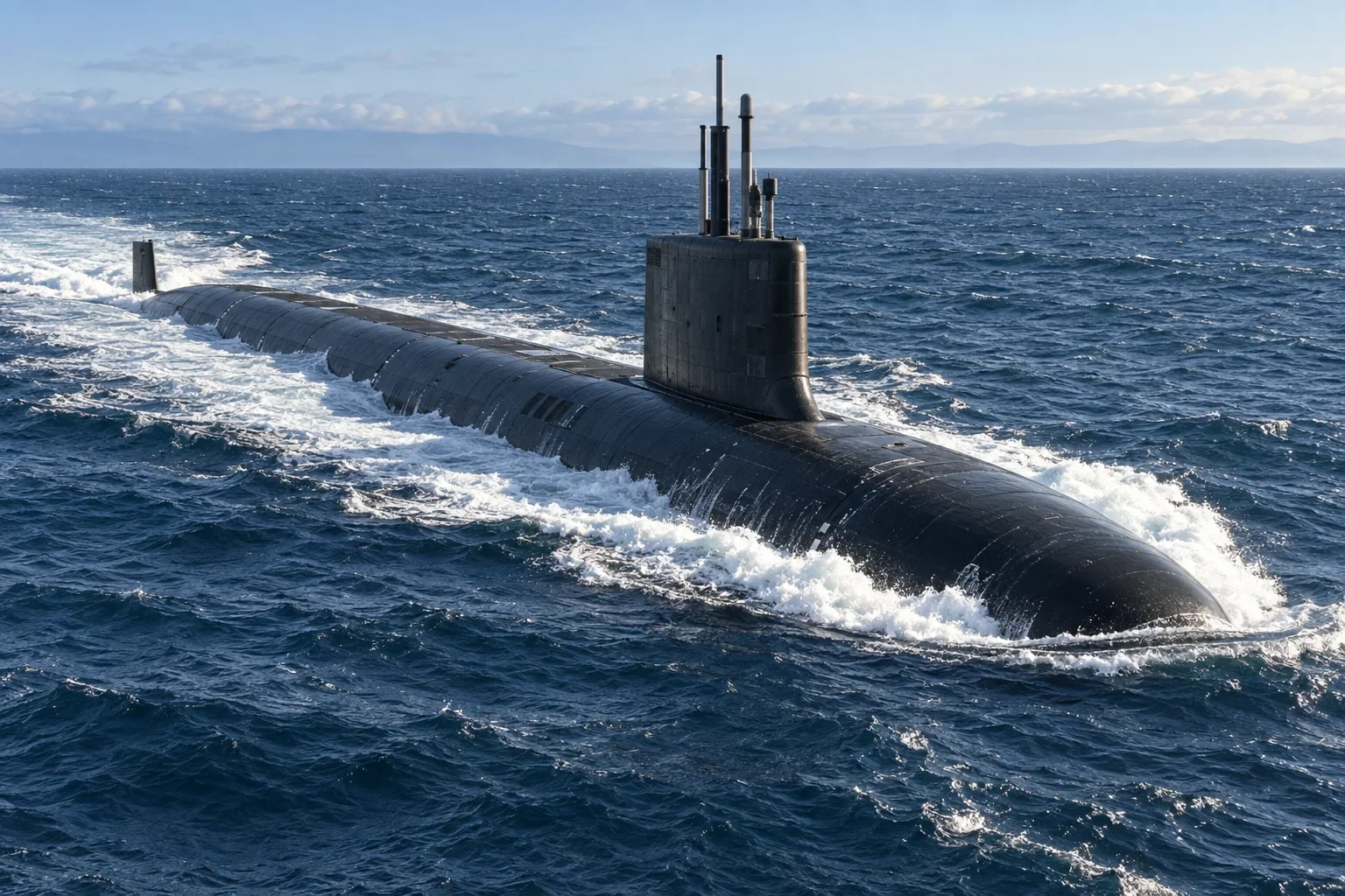 Illustration of a Virginia-class attack submarine surfaced at sea, showing its sail, masts and streamlined hull