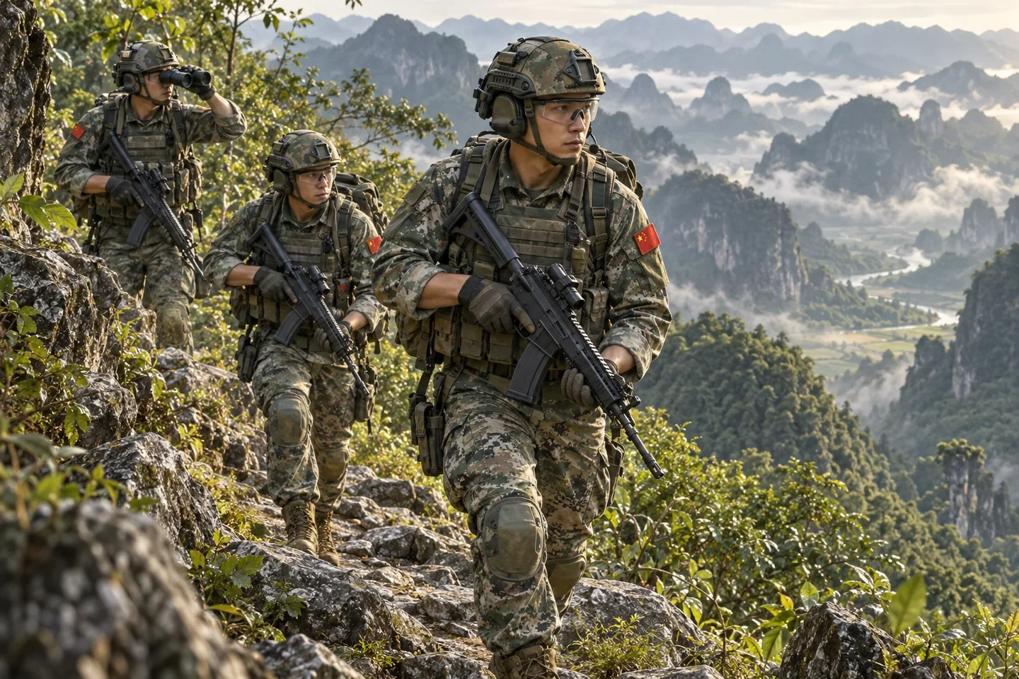 Illustration of Chinese special-operations soldiers wearing modern camouflage and field equipment during a woodland patrol.