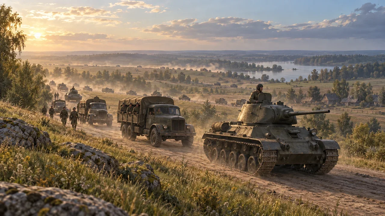 Conceptual illustration of Second World War-era mechanized columns crossing a broad landscape.