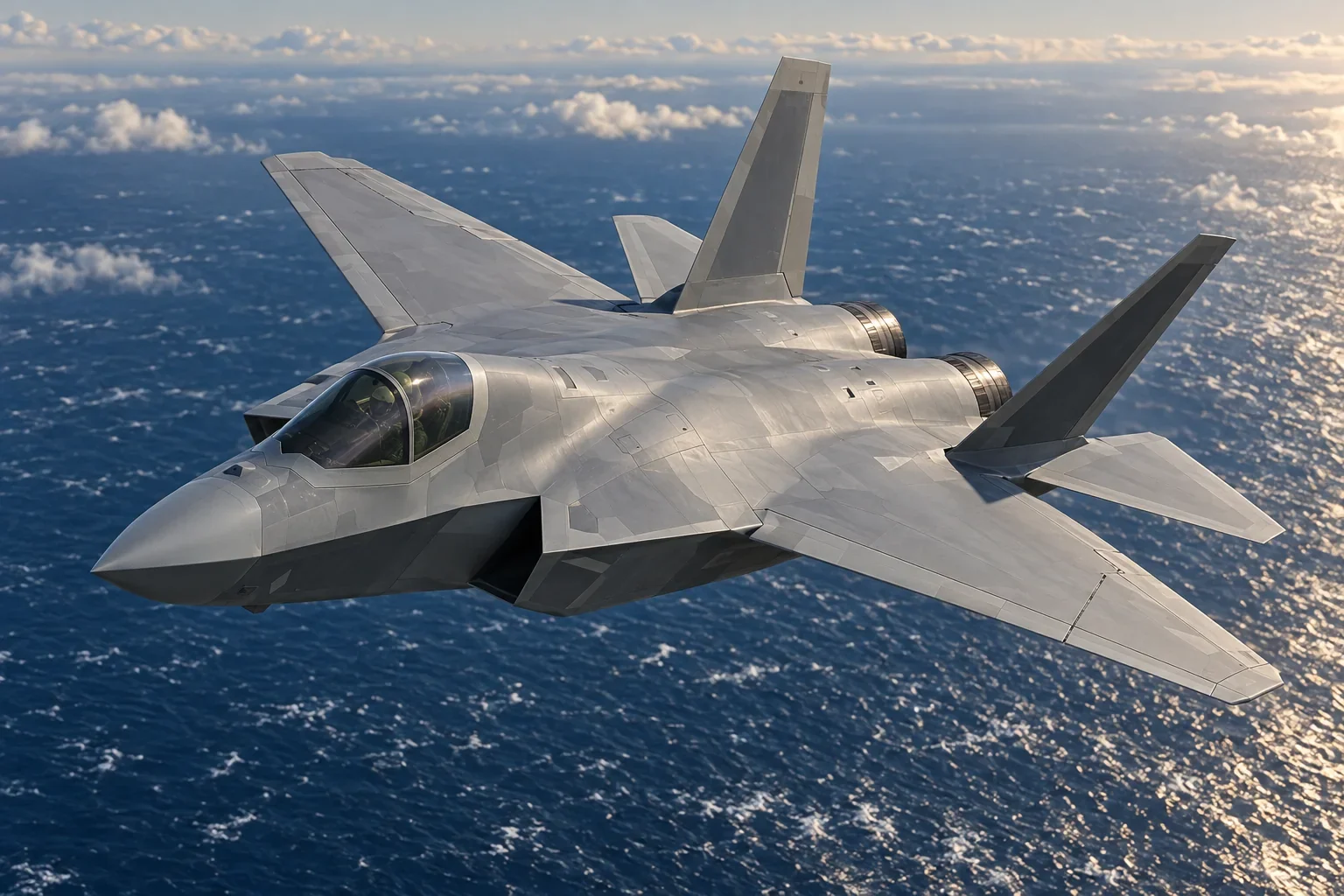 Illustration of a J-35 naval stealth fighter banking over the sea, showing its twin engines and swept wings