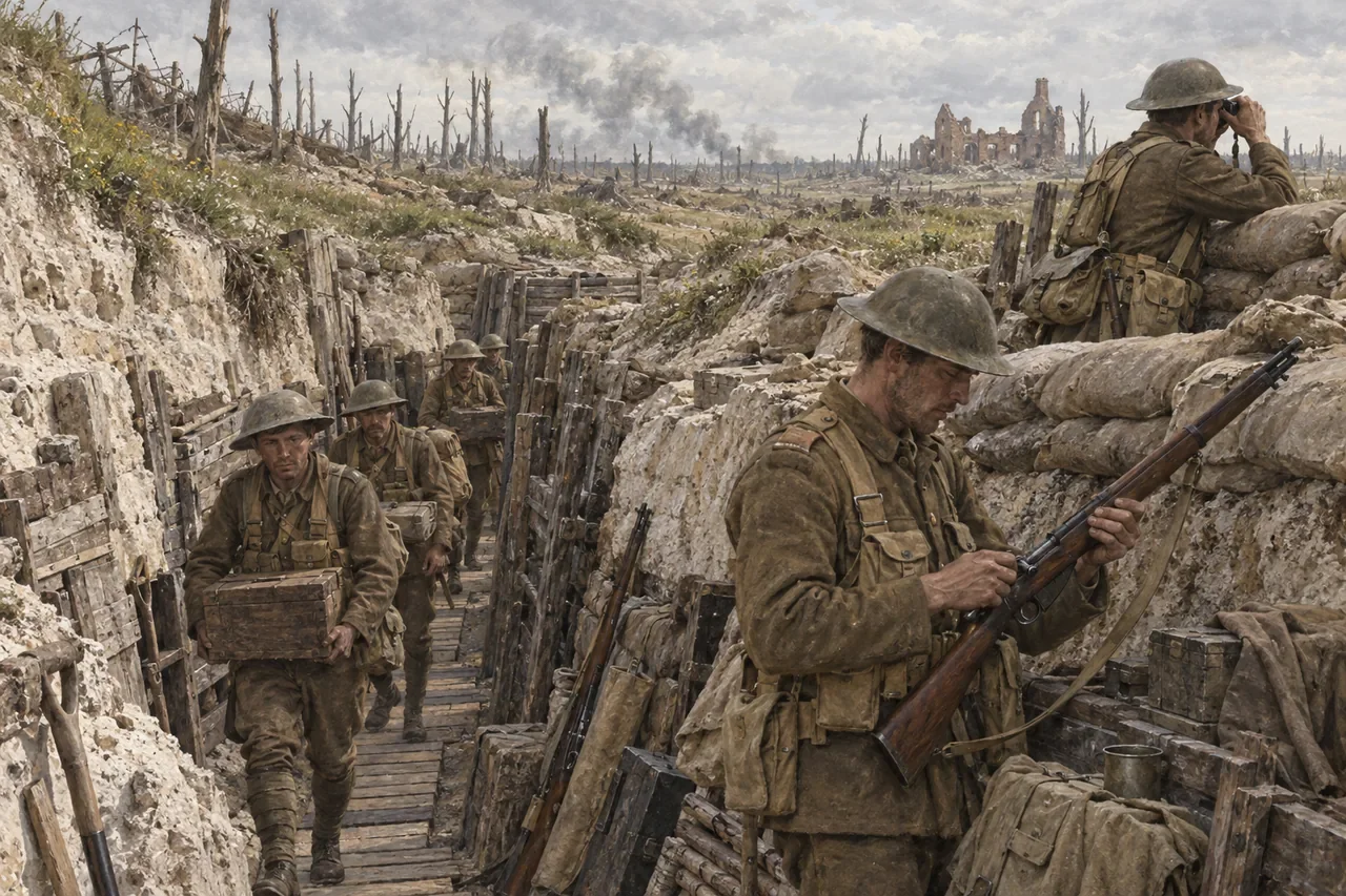 British infantry carry supplies through a chalk-lined trench on the Somme.