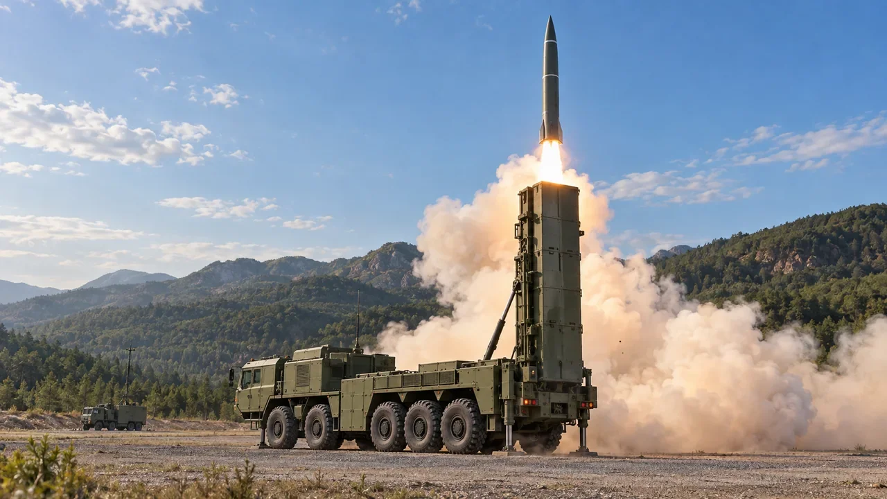 A conventional missile rises from a mobile launcher at a remote training ground, with a support vehicle and low hills behind it.