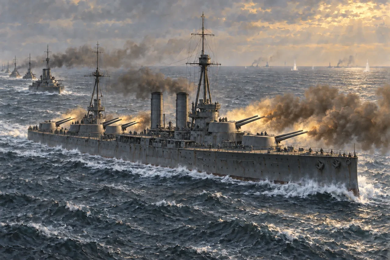 British dreadnoughts steam in line through North Sea gunfire and smoke.