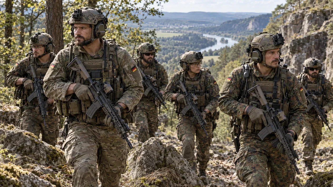MPR illustration of German Army KSK special forces on a woodland training patrol
