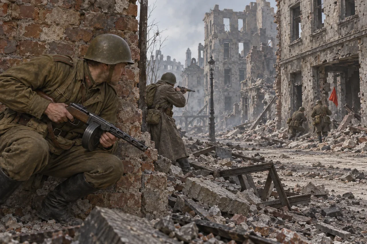 Illustration of Soviet infantry moving through a rubble-strewn street during the Battle of Berlin.