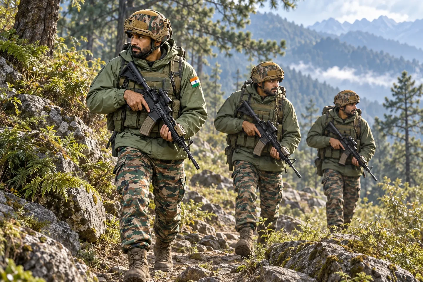 MPR illustration of Indian Army Para SF personnel carrying M4-pattern carbines on a wooded mountain trail.