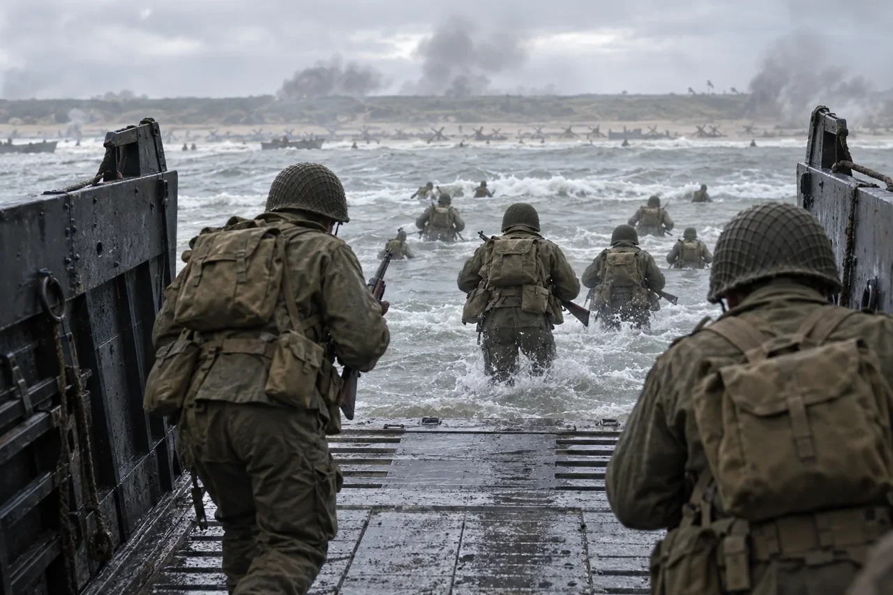 Illustration of US infantry landing from a landing craft on the Normandy coast.