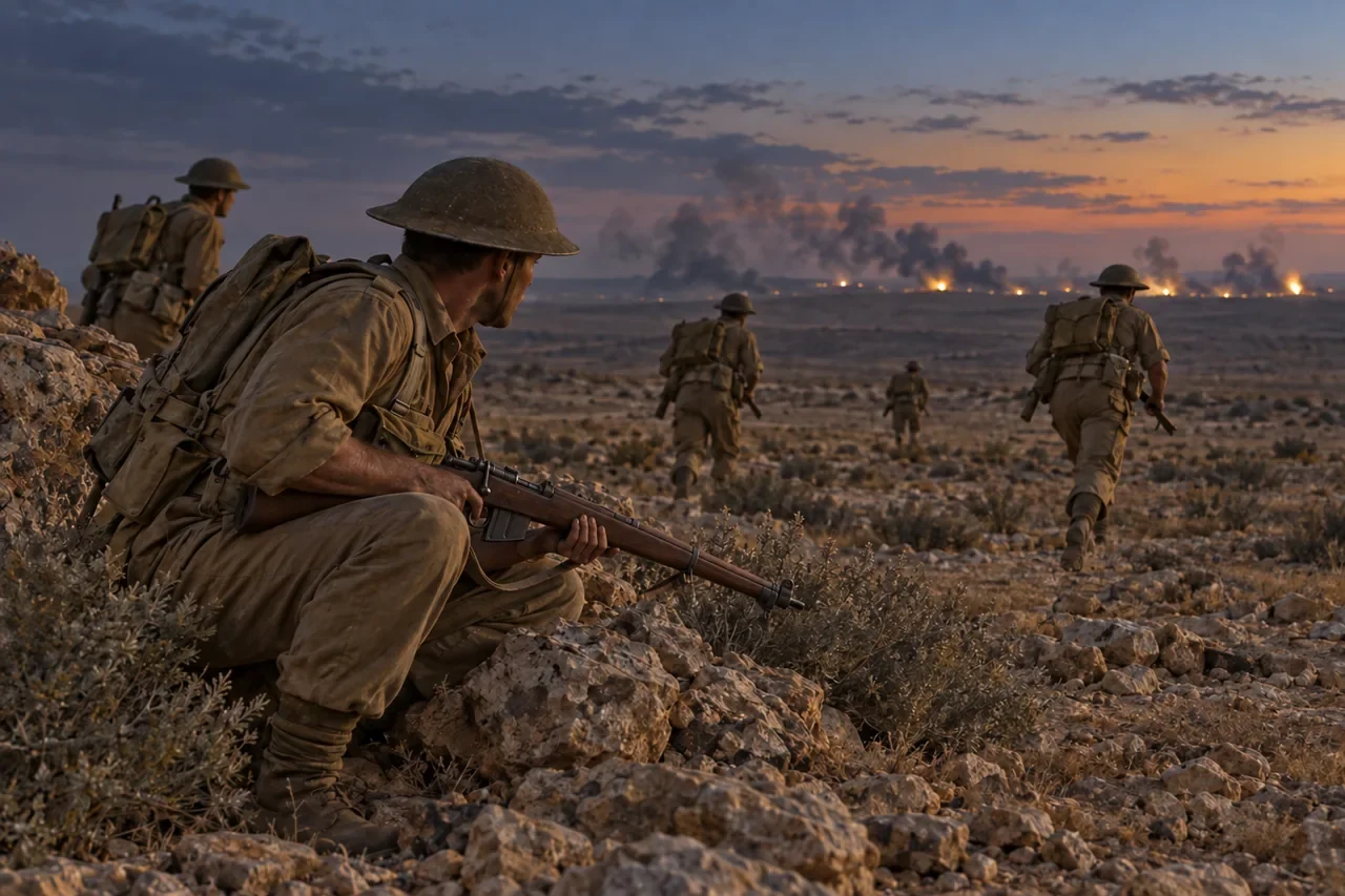 Illustration of British infantry advancing across desert terrain at El Alamein.