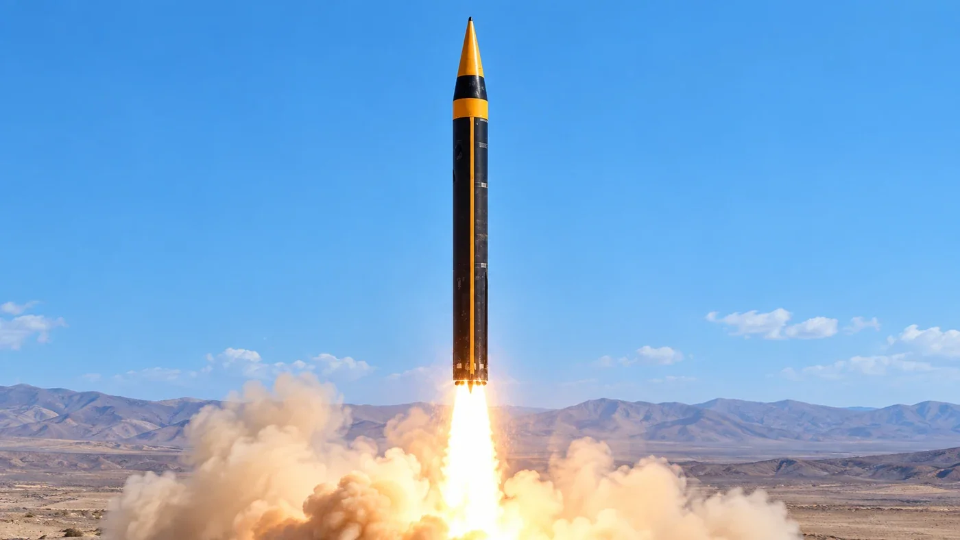 Illustration of an Iranian Khorramshahr-4 ballistic missile launching
