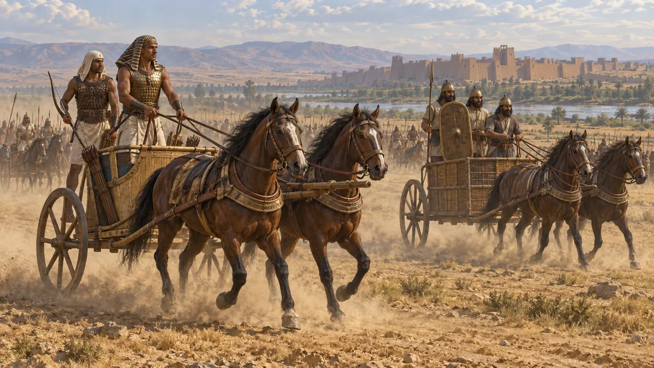 Interpretive illustration of Egyptian and Hittite horse-drawn chariots on the plain near Kadesh.