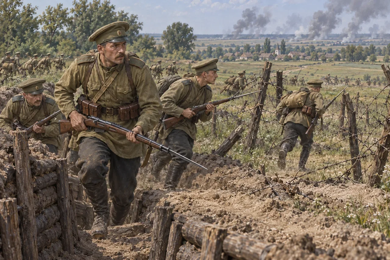 Imperial Russian infantry in khaki and field caps move through a gap in wire across summer fields.