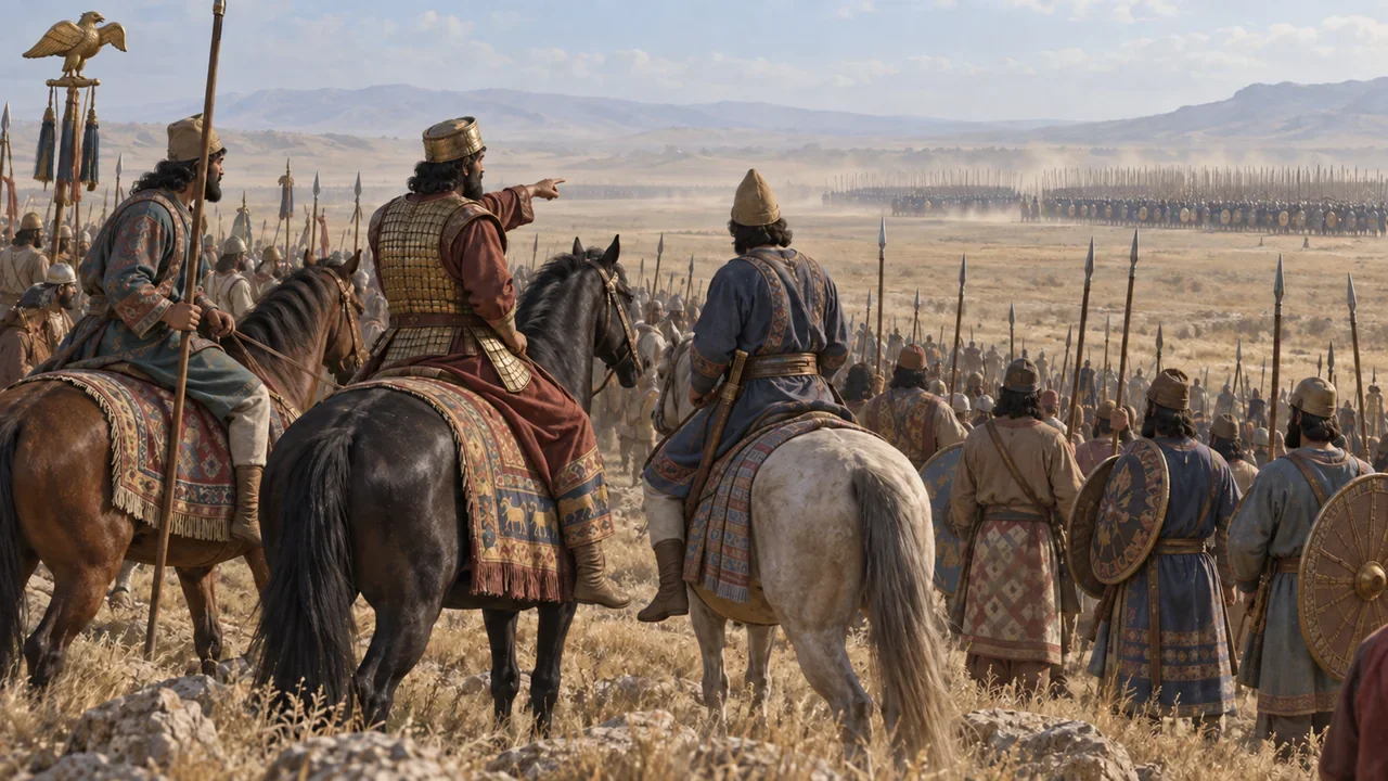 Interpretive illustration of Achaemenid Persian cavalry and infantry facing a distant Macedonian force at Gaugamela.