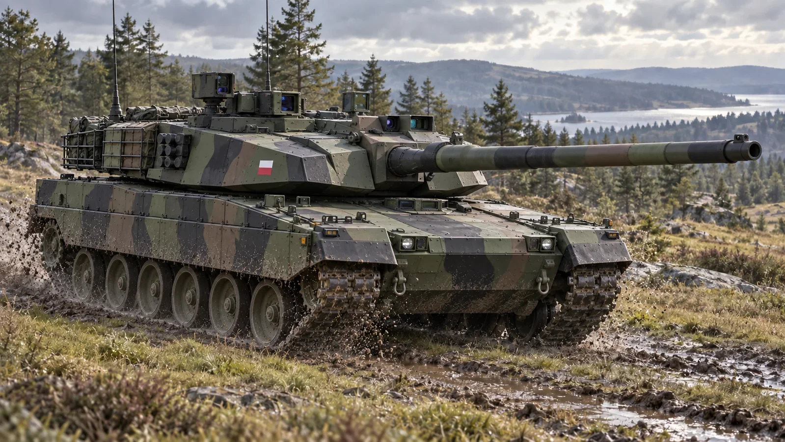 MPR illustration of a Polish K2 Black Panther tank crossing wet ground beside a pine forest.