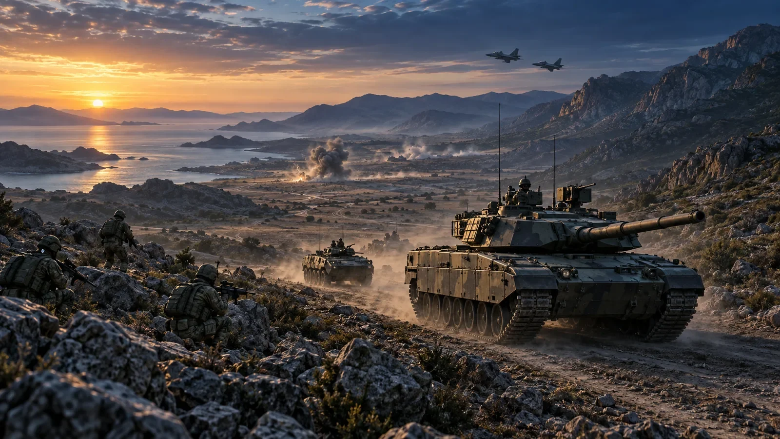 Illustration of tanks, infantry and jets operating across a rocky coastal valley at dawn