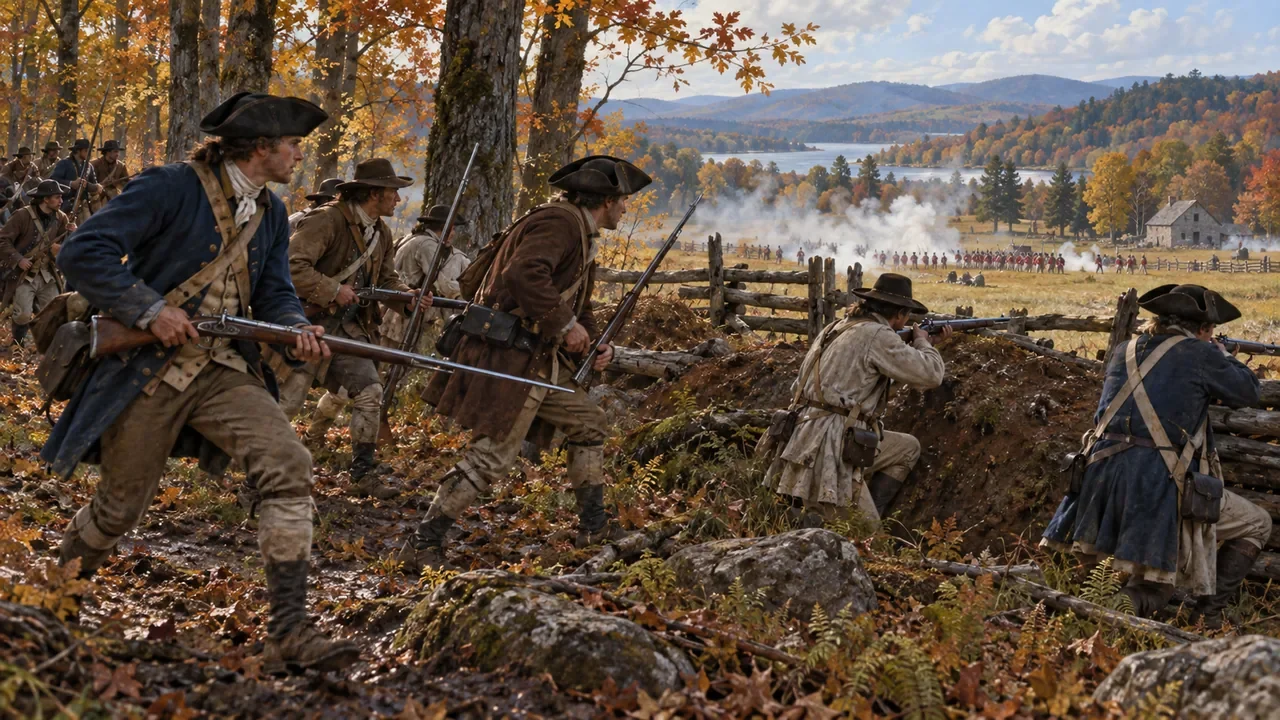 Interpretive illustration of American Continental soldiers and militia beside a woodland field and earthworks during the Saratoga campaign of 1777.