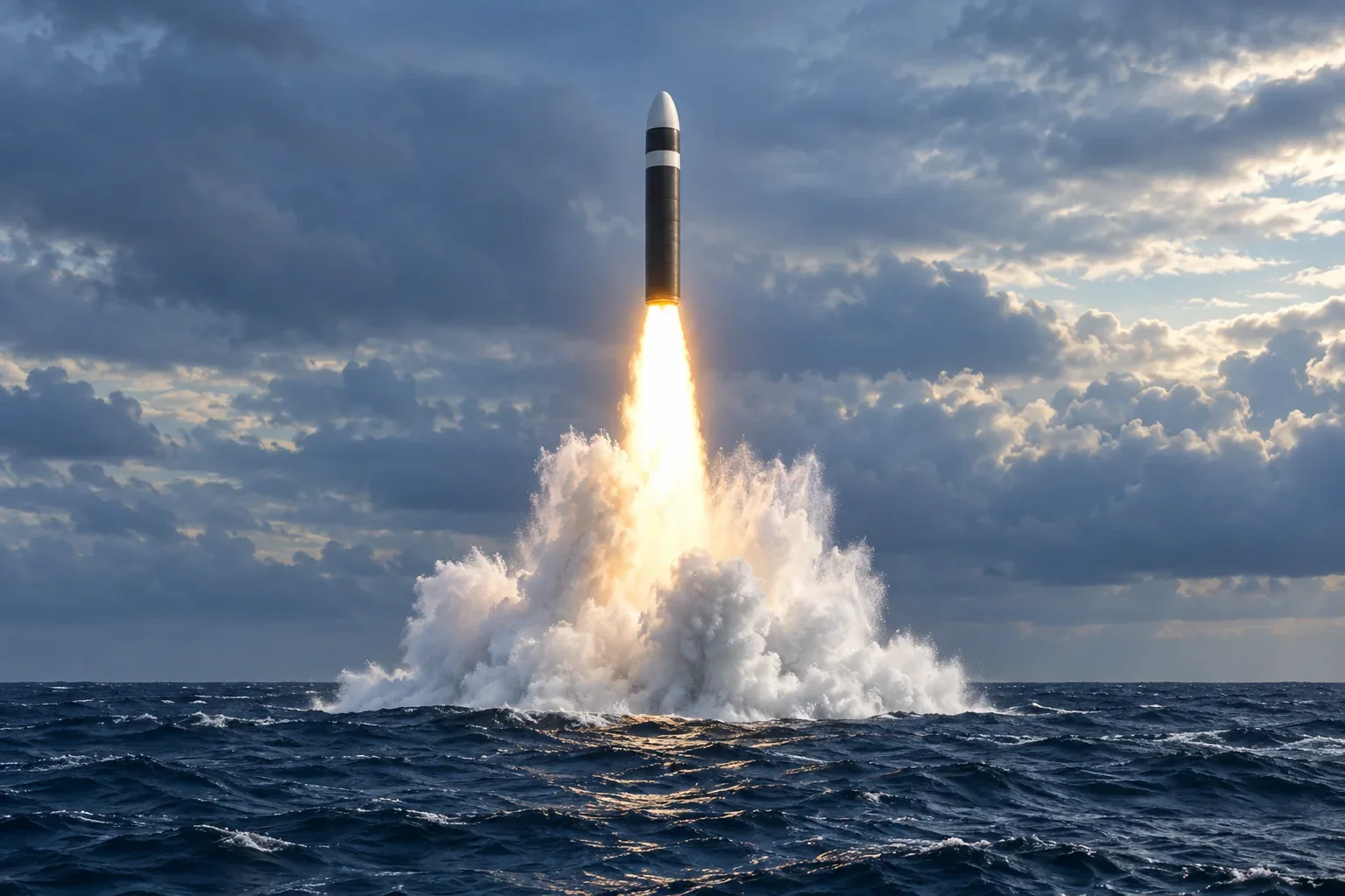 Illustration of a Trident II D5 ballistic missile emerging from the sea above a bright launch plume