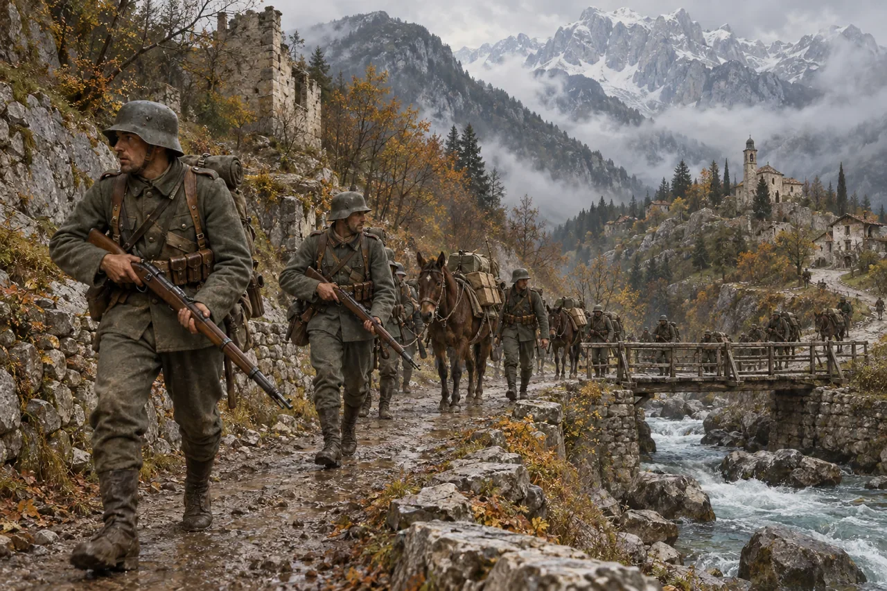 German infantry and pack animals follow a mountain road beside a river in autumn.