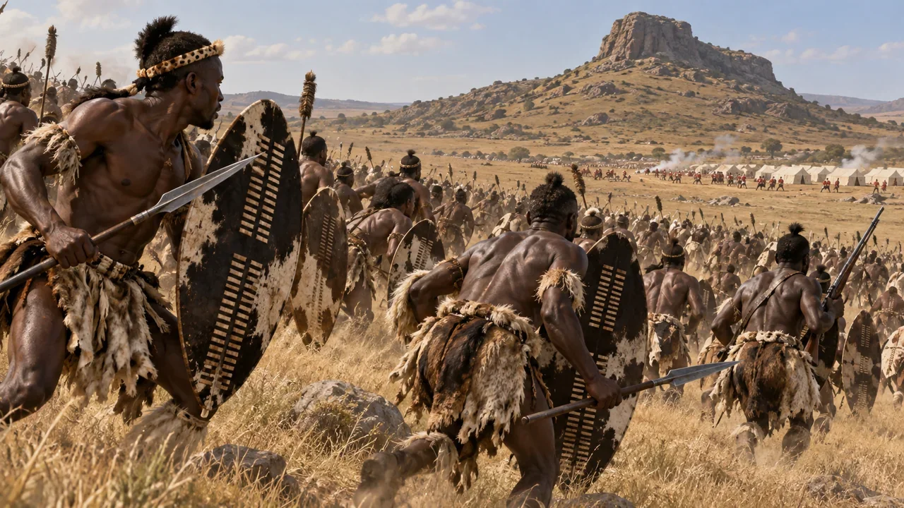 Zulu warriors with cowhide shields and spears advance near Isandlwana hill and a distant British camp in 1879.