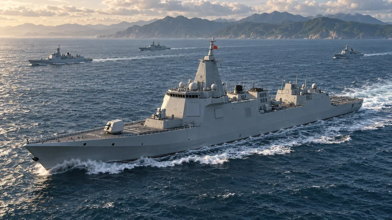 A Chinese Type055-style destroyer leads a naval formation across open water with a mountainous island coast in the distance.