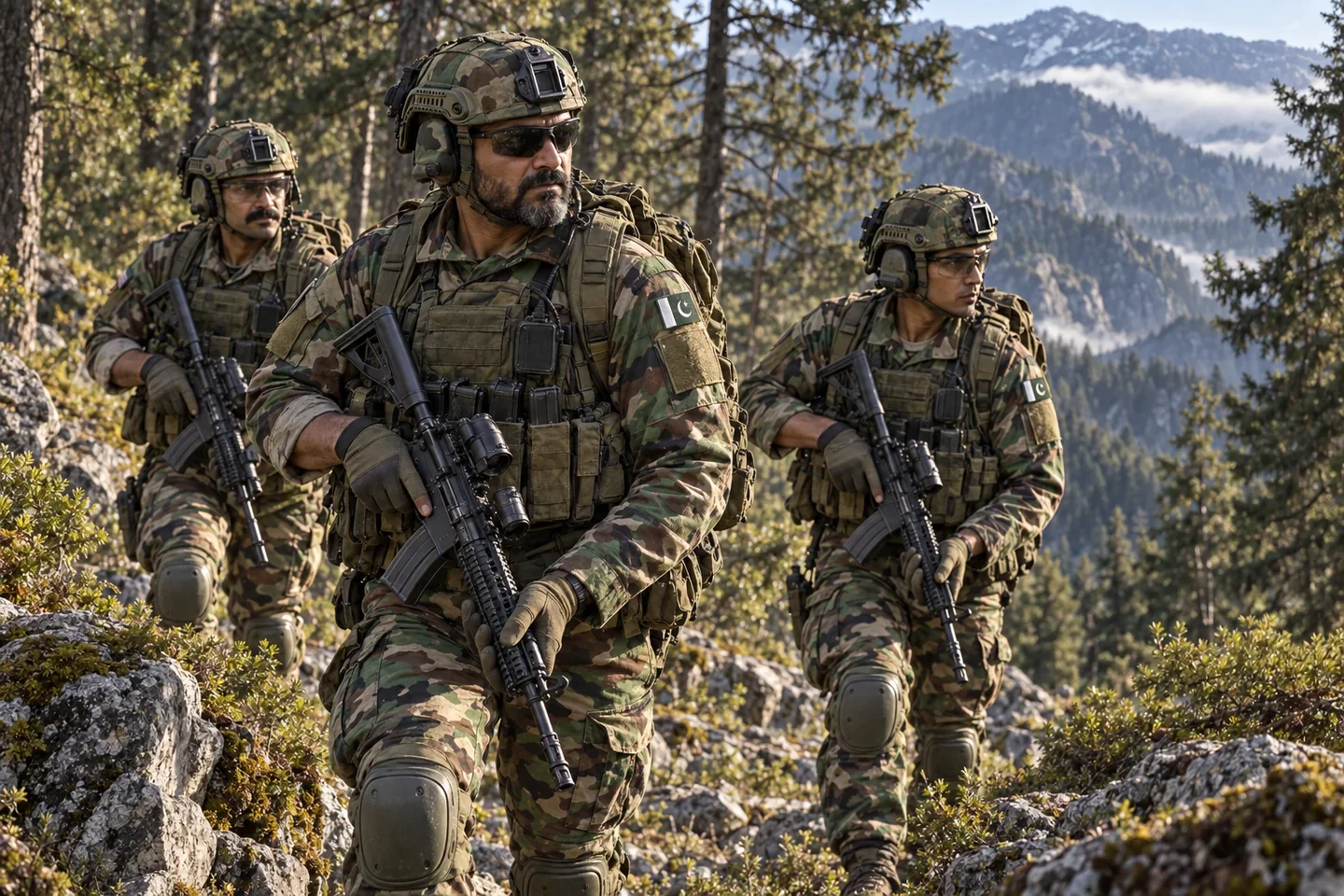 MPR illustration of three Pakistan Army SSG commandos with distinct faces and equipment in a mountain forest.