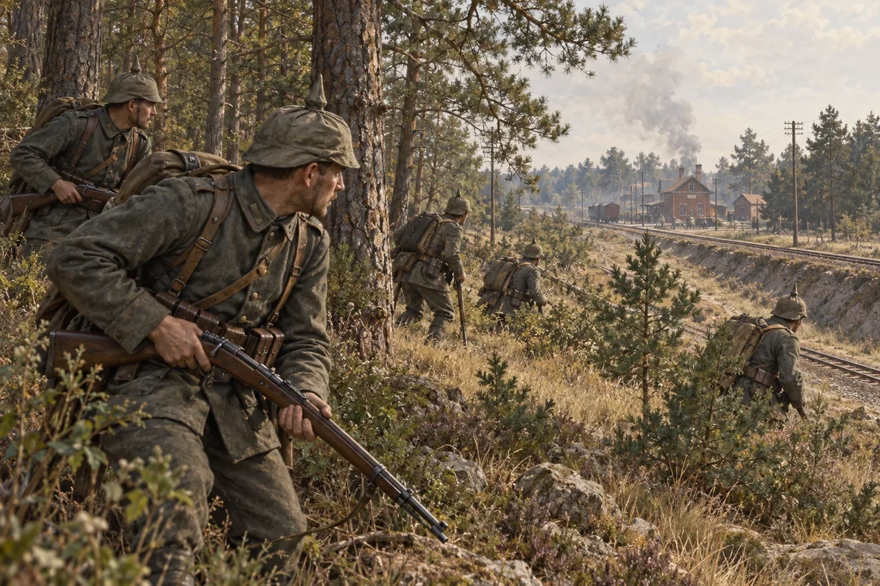 German infantry in covered spiked helmets move beside an East Prussian railway in 1914.