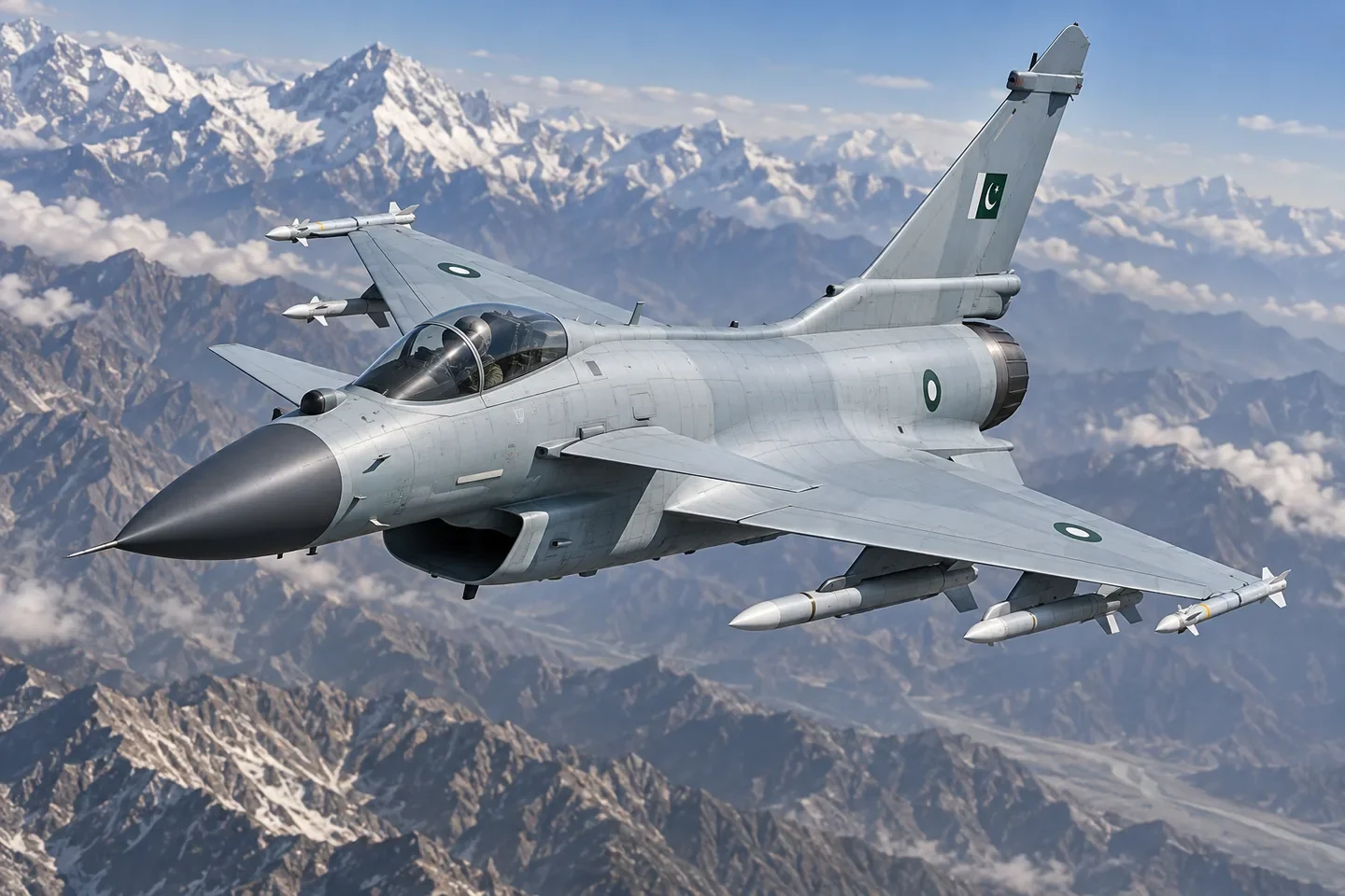 MPR illustration of a Pakistan Air Force J-10CE fighter flying above mountains.